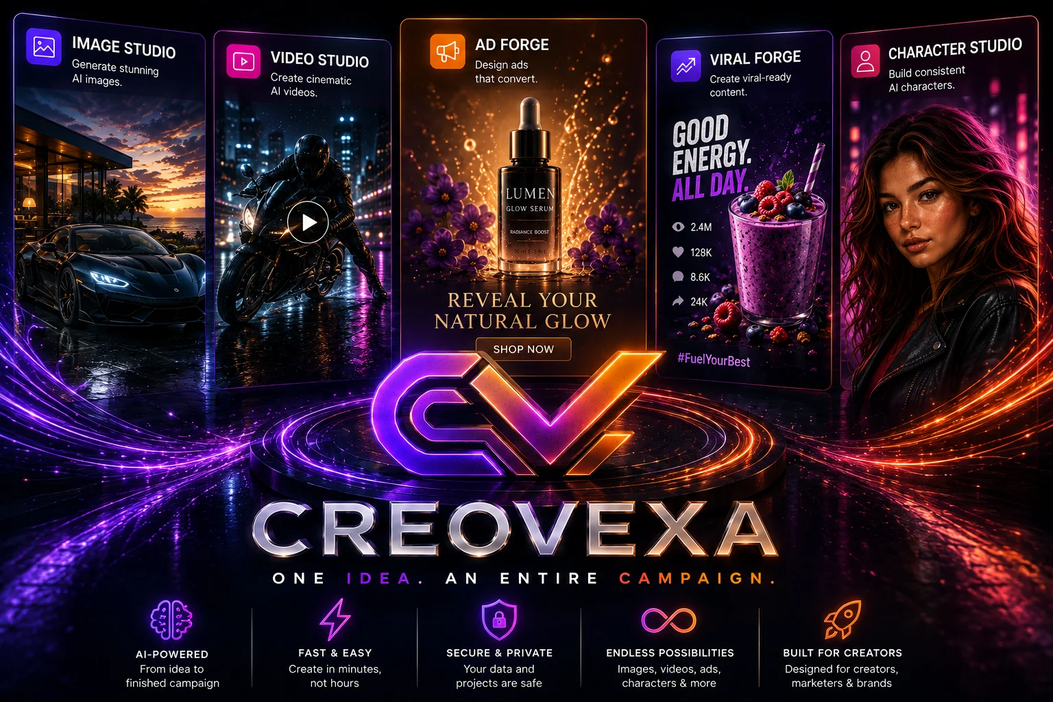 CREOVEXA creative platform — image, video, ad, viral and character studios
