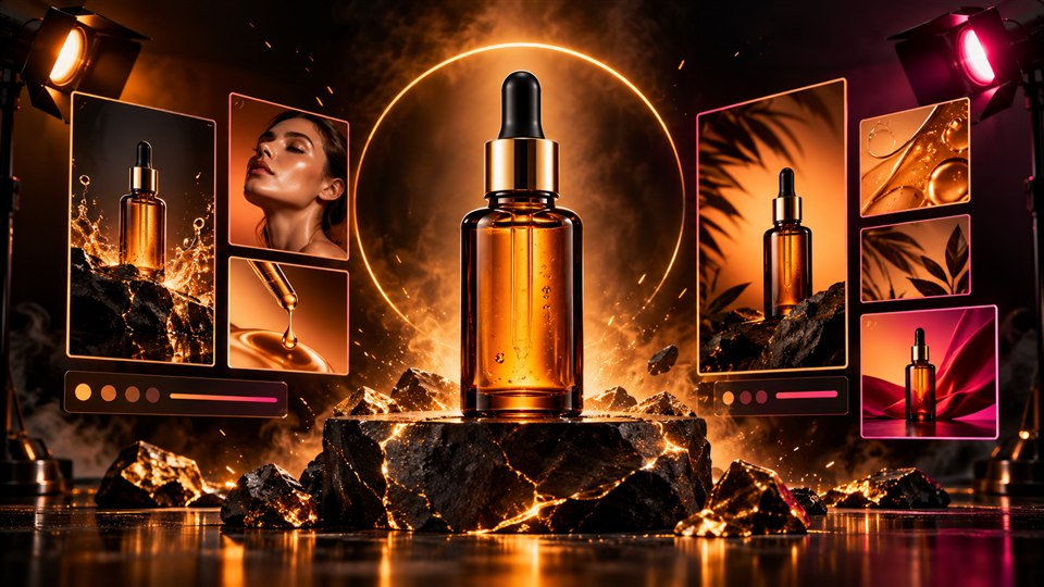 A premium product advertising concept built around an amber cosmetic bottle