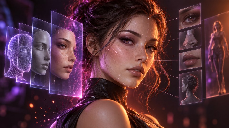 A fictional digital character assembled from glowing visual reference layers