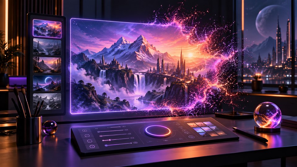 A futuristic image creation canvas generating a neon mountain city scene