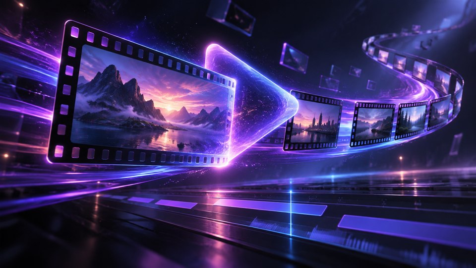 Film frames flowing through a glowing cinematic video timeline