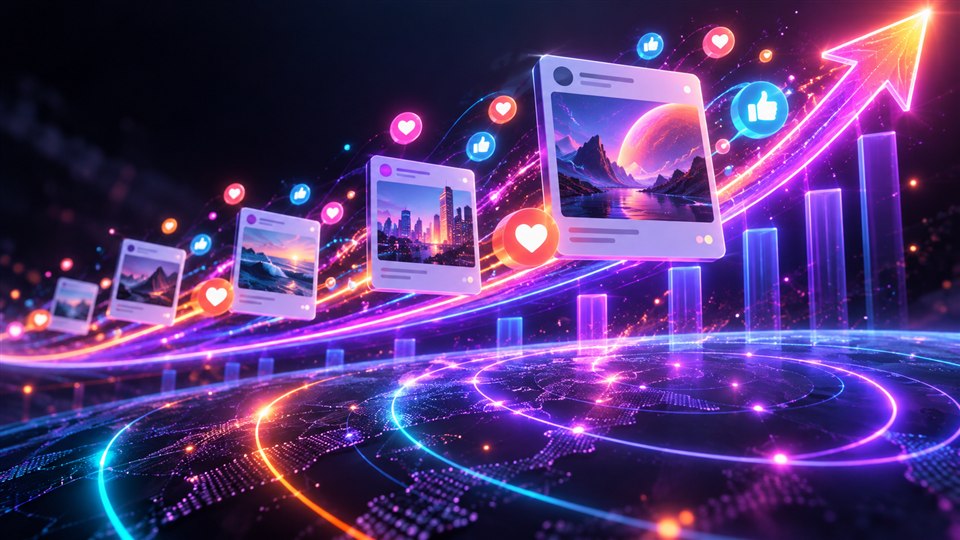 Social content cards and engagement signals rising along a bright trend line